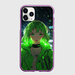 Чехол iPhone 11 Pro матовый Аниме девушка с зелеными волосами, цвет: 3D-фиолетовый
