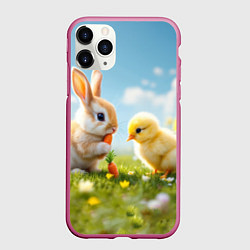 Чехол iPhone 11 Pro матовый Кролик и цыпленок встречают Пасху, цвет: 3D-малиновый