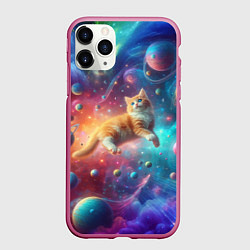 Чехол iPhone 11 Pro матовый Рыжий космический котёнок - неоновое свечение