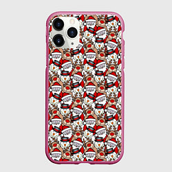 Чехол iPhone 11 Pro матовый Деды Морозы олени снеговики, цвет: 3D-малиновый
