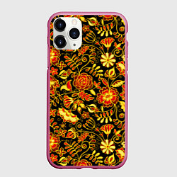 Чехол iPhone 11 Pro матовый Цветочный золотой узор, цвет: 3D-малиновый