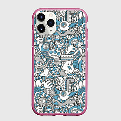 Чехол iPhone 11 Pro матовый Дудлинг серо-голубой, цвет: 3D-малиновый