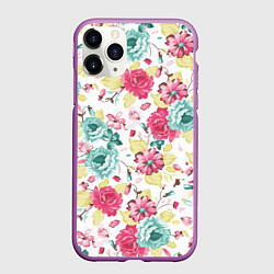 Чехол iPhone 11 Pro матовый Розы красные и бирюзовые