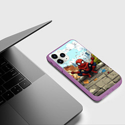 Чехол iPhone 11 Pro матовый Маленький человек-паук в городе, цвет: 3D-фиолетовый — фото 2