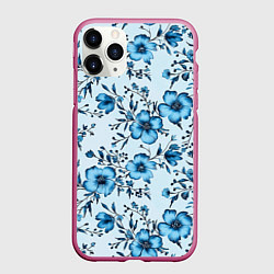 Чехол iPhone 11 Pro матовый Голубые цветы на светлом фоне паттерн