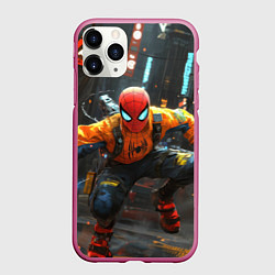 Чехол iPhone 11 Pro матовый Человек паук бежит, цвет: 3D-малиновый