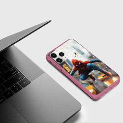 Чехол iPhone 11 Pro матовый Человек-паук пробирается сквозь такси, цвет: 3D-малиновый — фото 2