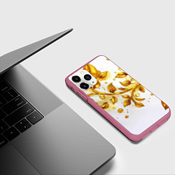 Чехол iPhone 11 Pro матовый Золотые листья на белом, цвет: 3D-малиновый — фото 2