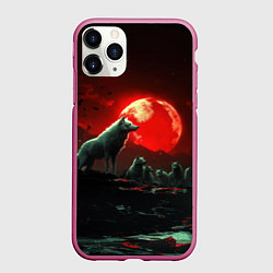 Чехол iPhone 11 Pro матовый Белый волк на фоне красной луны, цвет: 3D-малиновый