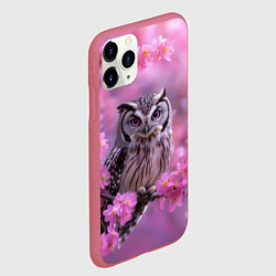 Чехол iPhone 11 Pro матовый Сова на ветке с розовыми цветами, цвет: 3D-малиновый — фото 2