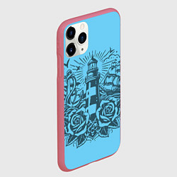 Чехол iPhone 11 Pro матовый Маяк с розами и кораблем, цвет: 3D-малиновый — фото 2