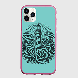 Чехол iPhone 11 Pro матовый Маяк и розы, цвет: 3D-малиновый