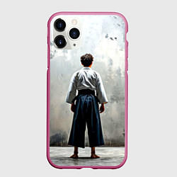 Чехол iPhone 11 Pro матовый Боец айкидо на сером, цвет: 3D-малиновый