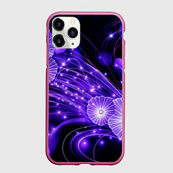 Чехол iPhone 11 Pro матовый Силуэты цветов на темном фоне - фиолетовое свечени, цвет: 3D-малиновый