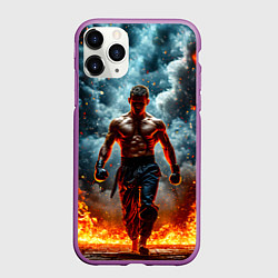 Чехол iPhone 11 Pro матовый Крав-мага боец в огне, цвет: 3D-фиолетовый