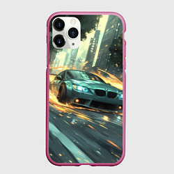 Чехол iPhone 11 Pro матовый Зеленая BMW огонь под колесами, цвет: 3D-малиновый