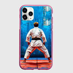 Чехол iPhone 11 Pro матовый Дзюдоист на синем, цвет: 3D-малиновый