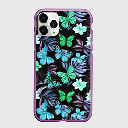 Чехол iPhone 11 Pro матовый Бабочки и тропические цветы на черном фоне, цвет: 3D-фиолетовый