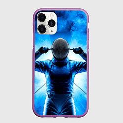 Чехол iPhone 11 Pro матовый Фехтовальщик в синем дыму, цвет: 3D-фиолетовый