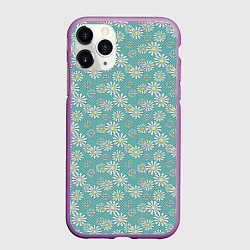 Чехол iPhone 11 Pro матовый Цветы белой ромашки на мятном фоне в горошек, цвет: 3D-фиолетовый