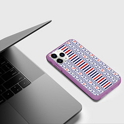 Чехол iPhone 11 Pro матовый Полосатый морской орнамент с якорями, цвет: 3D-фиолетовый — фото 2