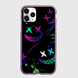 Чехол iPhone 11 Pro матовый Неновые краски - лица крипи смайл, цвет: 3D-фиолетовый
