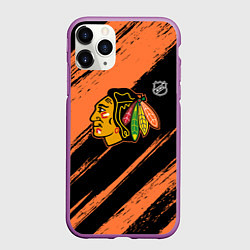 Чехол iPhone 11 Pro матовый Чикаго Блэкхокс - фон с оранжевыми потертостами, цвет: 3D-фиолетовый