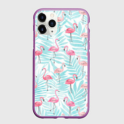 Чехол iPhone 11 Pro матовый Фламинго в листьях, цвет: 3D-фиолетовый