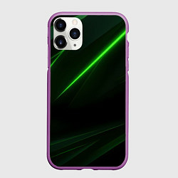 Чехол iPhone 11 Pro матовый Зеленая текстура с неоновыми линиями, цвет: 3D-фиолетовый