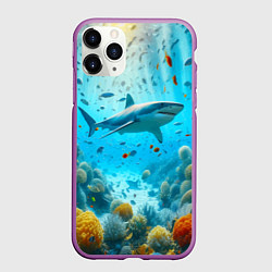 Чехол iPhone 11 Pro матовый Белая акула в коралловом рифе, цвет: 3D-фиолетовый