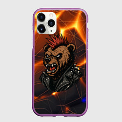 Чехол iPhone 11 Pro матовый Медведь панк в косухе, цвет: 3D-фиолетовый
