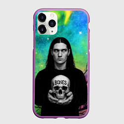 Чехол iPhone 11 Pro матовый Bones без зрачков держит череп в руках, цвет: 3D-фиолетовый