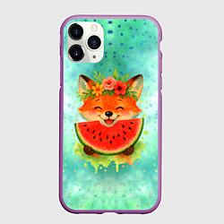 Чехол iPhone 11 Pro матовый Веселая лисичка ест арбуз, цвет: 3D-фиолетовый
