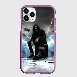 Чехол iPhone 11 Pro матовый Bones на фоне молний, цвет: 3D-фиолетовый