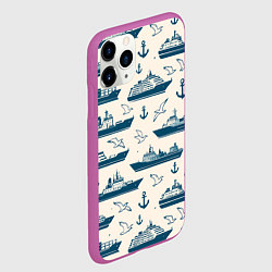 Чехол iPhone 11 Pro матовый Морской паттерн из чаек, якорей и кораблей, цвет: 3D-фиолетовый — фото 2