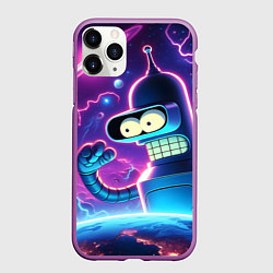 Чехол iPhone 11 Pro матовый Bender in neon space - cartoon Futurama, цвет: 3D-фиолетовый