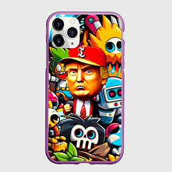 Чехол iPhone 11 Pro матовый Дональд Трамп в компании мультяшных персонажей, цвет: 3D-фиолетовый