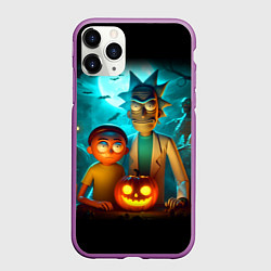 Чехол iPhone 11 Pro матовый Morty and Rick with pumpkin - neon halloween, цвет: 3D-фиолетовый