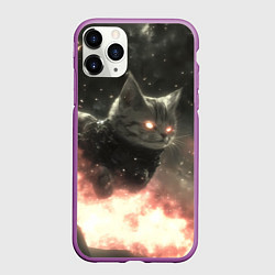 Чехол iPhone 11 Pro матовый Кот парит в космосе киберпанк, цвет: 3D-фиолетовый