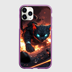 Чехол iPhone 11 Pro матовый Кот летит после взрыва - киберпанк, цвет: 3D-фиолетовый