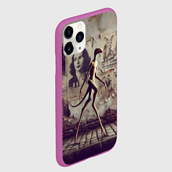 Чехол iPhone 11 Pro матовый Пришелец идёт вдоль стены с рваными афишами, цвет: 3D-фиолетовый — фото 2