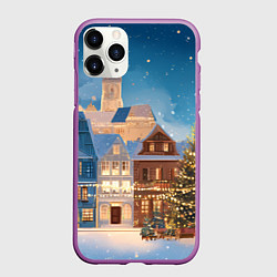 Чехол iPhone 11 Pro матовый Новогодний дворик и елка, цвет: 3D-фиолетовый