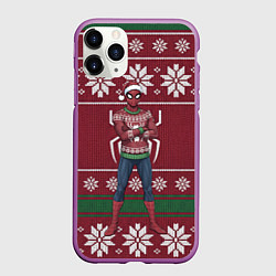 Чехол iPhone 11 Pro матовый Человек паук в вязаном свитере - новый год