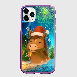 Чехол iPhone 11 Pro матовый Новогодняя лошадка жует елочные ветки, цвет: 3D-фиолетовый