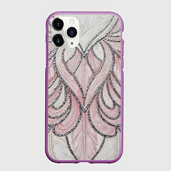 Чехол iPhone 11 Pro матовый Нежно розовый орнамент из перьев