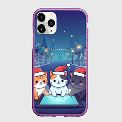 Чехол iPhone 11 Pro матовый Новогодние котики с планшетом, цвет: 3D-фиолетовый