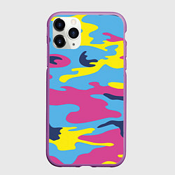 Чехол iPhone 11 Pro матовый Камуфляж: голубой/розовый/желтый, цвет: 3D-фиолетовый