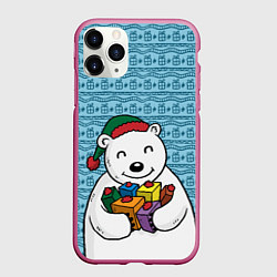 Чехол iPhone 11 Pro матовый Новогодний мишка, цвет: 3D-малиновый