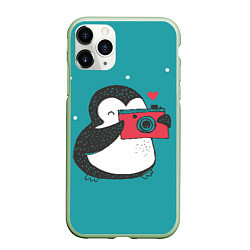 Чехол iPhone 11 Pro матовый Пингвин с фотоаппаратом, цвет: 3D-салатовый
