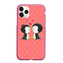 Чехол iPhone 11 Pro матовый Влюбленные пингвины, цвет: 3D-малиновый